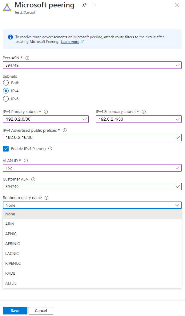 显示如何更新 Microsoft 对等互连配置的屏幕截图。