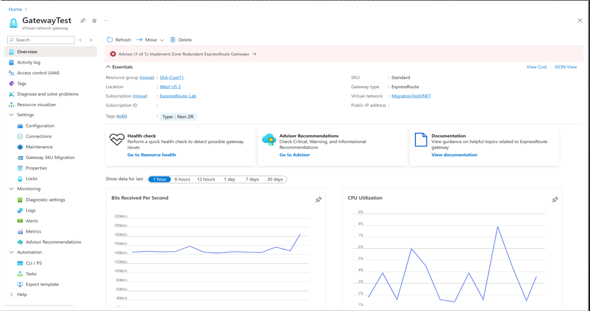 在网关概述中显示 Azure 顾问 通知的图像。