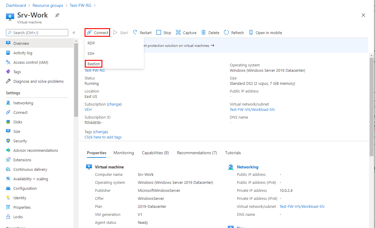 截图显示使用 Azure Bastion 连接到 Srv-Work 虚拟机。