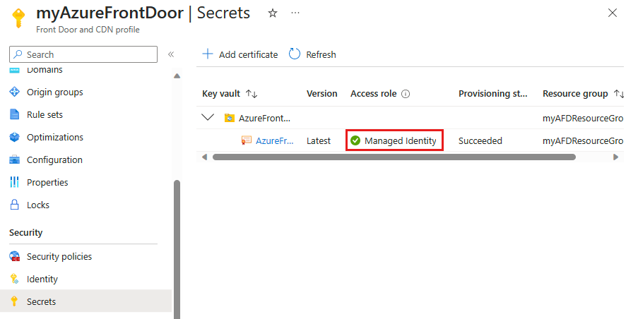 使用托管标识访问 Key Vault 中的证书的 Azure Front Door 的屏幕截图。