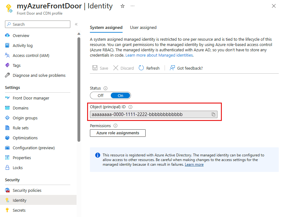 Microsoft Entra ID 注册的系统分配托管标识的屏幕截图。