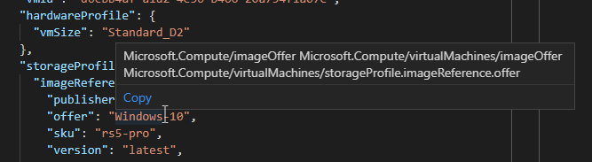 这是 Visual Studio Code 的 Azure Policy 扩展程序的屏幕截图，展示了将鼠标悬停在属性上时将显示的别名。