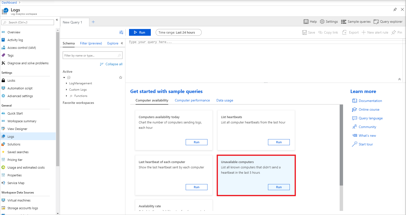 Log Analytics 工作区中的“不可用计算机”日志示例。