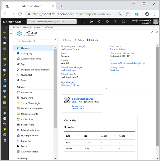 屏幕截图，显示 Azure 门户 HDInsight 群集的基本信息。