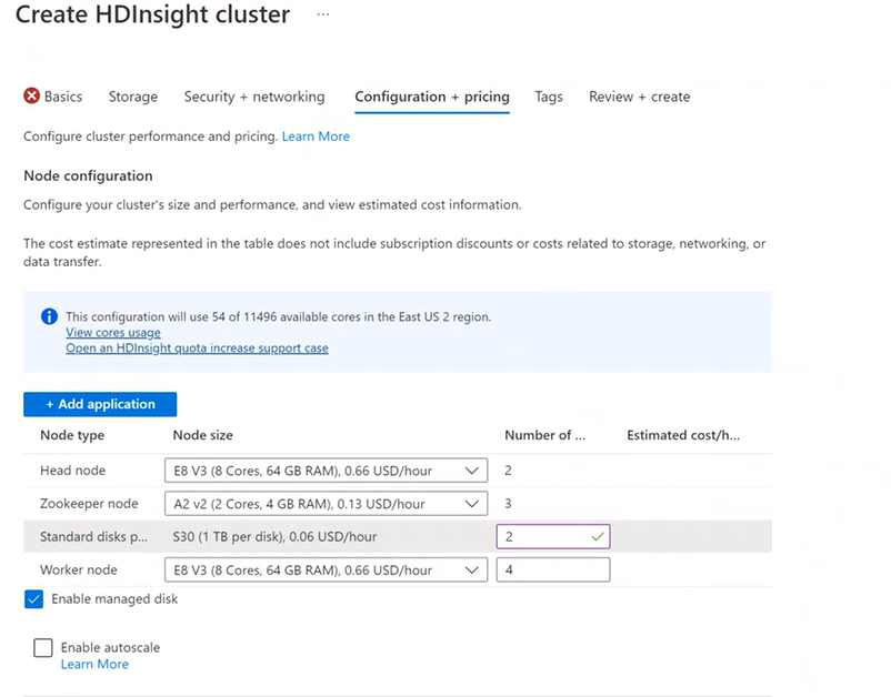 显示选择 HDInsight 所需节点大小的屏幕截图。