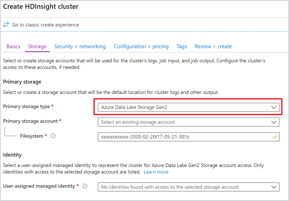 与 Azure HDInsight 一起使用的 Data Lake Storage Gen2 的存储设置。