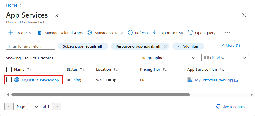 Azure 门户中“应用服务”页的屏幕截图。