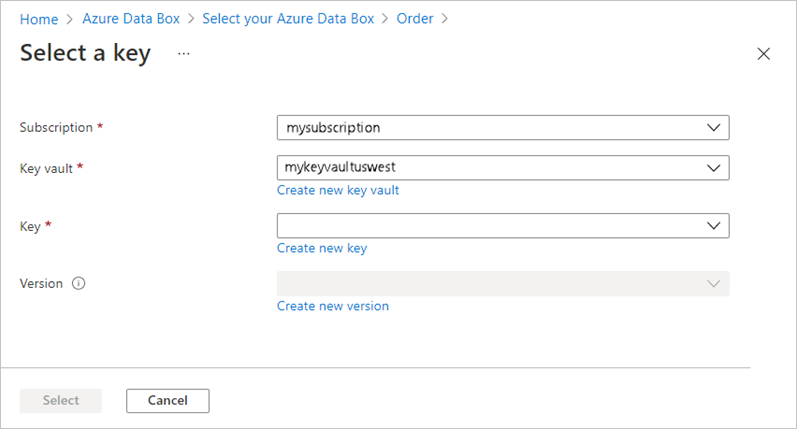 Azure Key Vault 中“选择密钥”屏幕的截屏。密钥库字段处于突出显示状态。