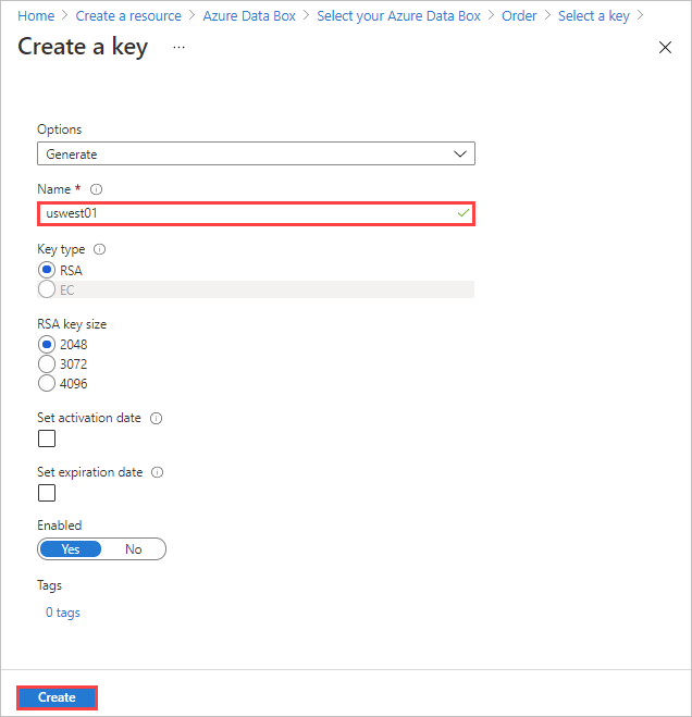这是 Azure Key Vault 中“创建密钥”界面的截图，其中输入了密钥名称。“名称”字段和“创建”按钮被突出显示。