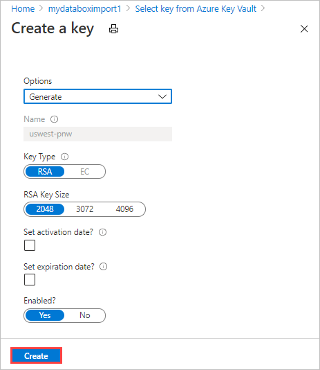 包含示例字段设置的 Azure Key Vault“创建密钥”对话框的Screenshot。突出显示“创建”按钮。