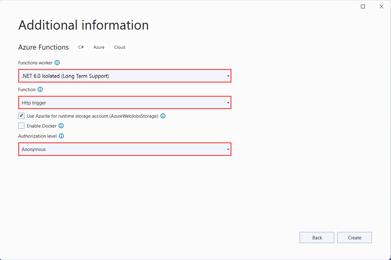 Azure Functions 项目设置的屏幕截图。