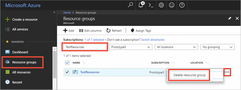 显示 Azure 门户中资源组的工作窗格的屏幕截图，其中命令栏中突出显示了“删除资源组”命令。