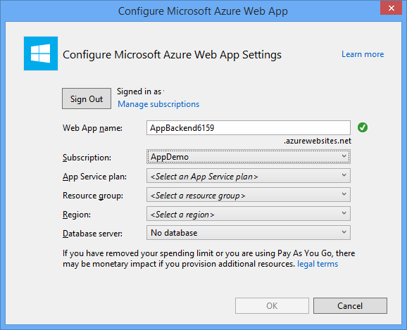 “配置 Azure Web 应用”窗口