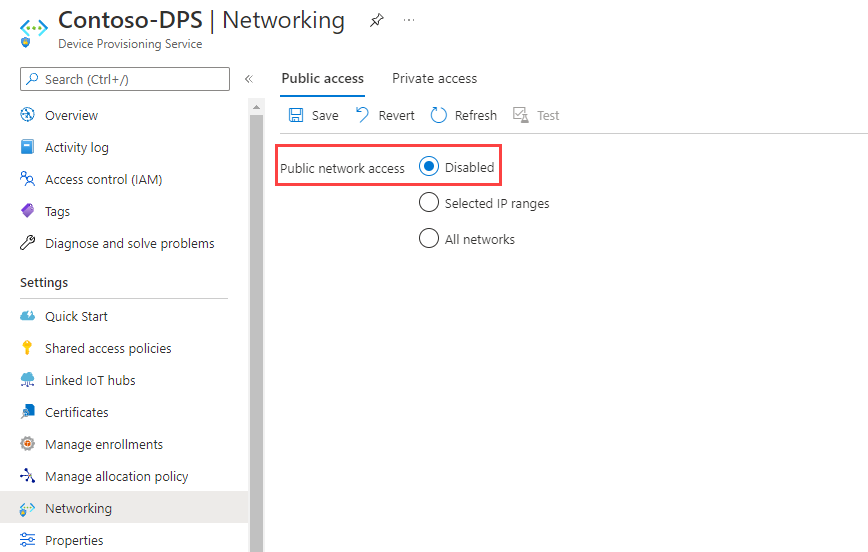 显示如何在 Azure 门户中禁用 IoT DPS 实例的公共网络访问的屏幕截图。