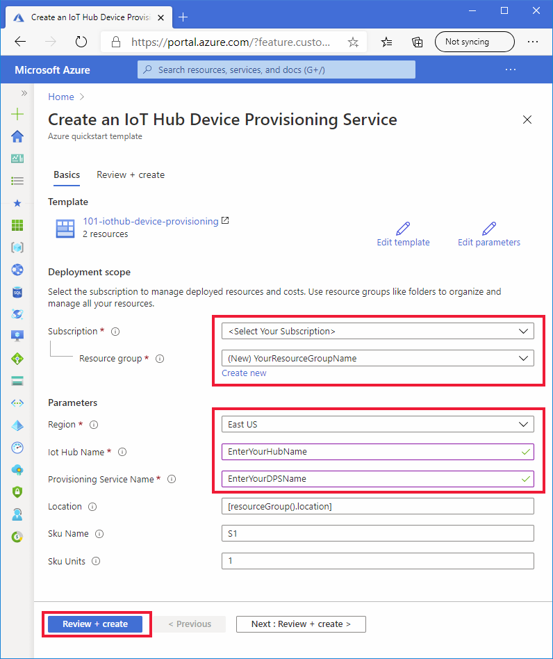 显示 Azure 门户上的 ARM 模板部署参数的屏幕截图。