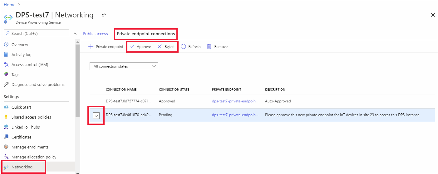显示 Azure 门户中 DPS 实例的网络页的屏幕截图，其中突出显示了专用终结点请求。