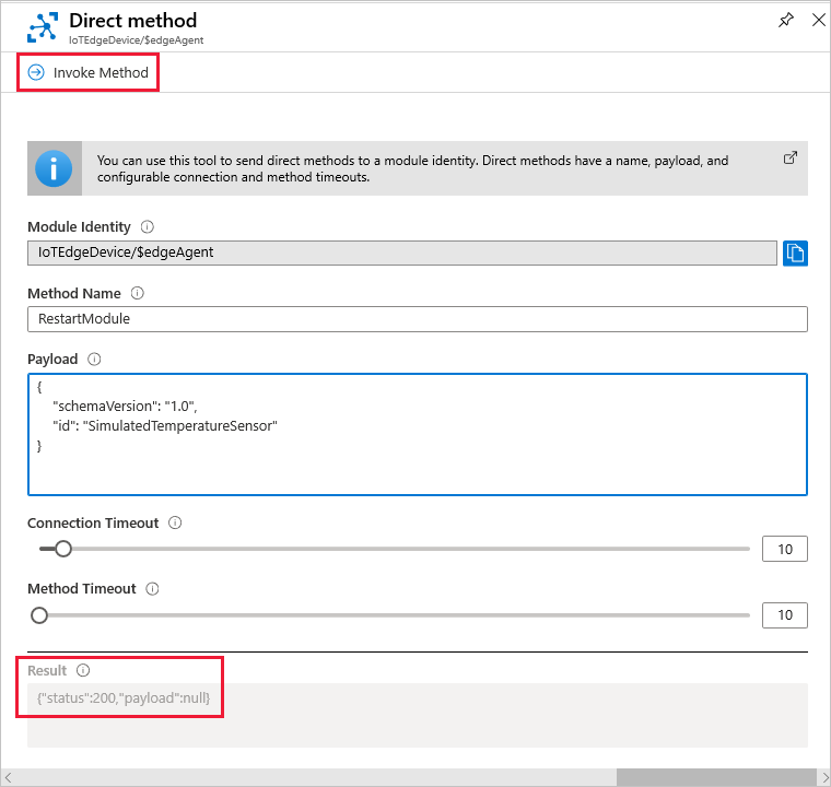在 Azure 门户中调用直接方法 RestartModule 的屏幕截图。
