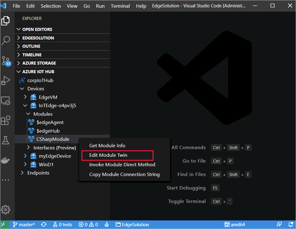 截图展示如何在 Visual Studio Code 中获取并编辑模块双胞胎。