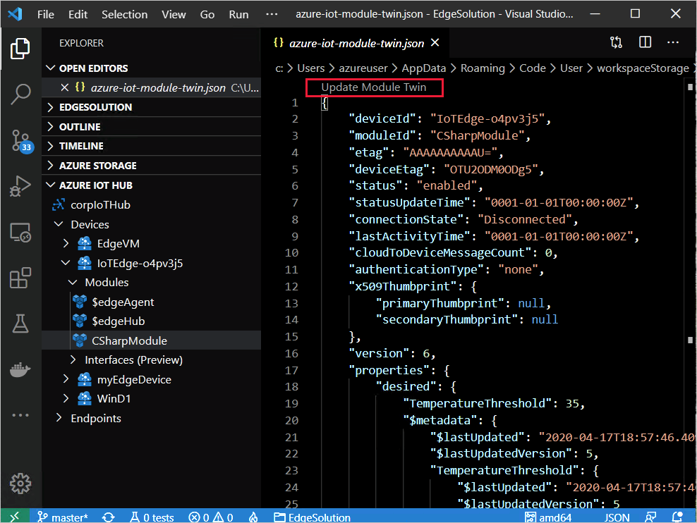 截图显示如何在 Visual Studio Code 中更新模块孪生体。