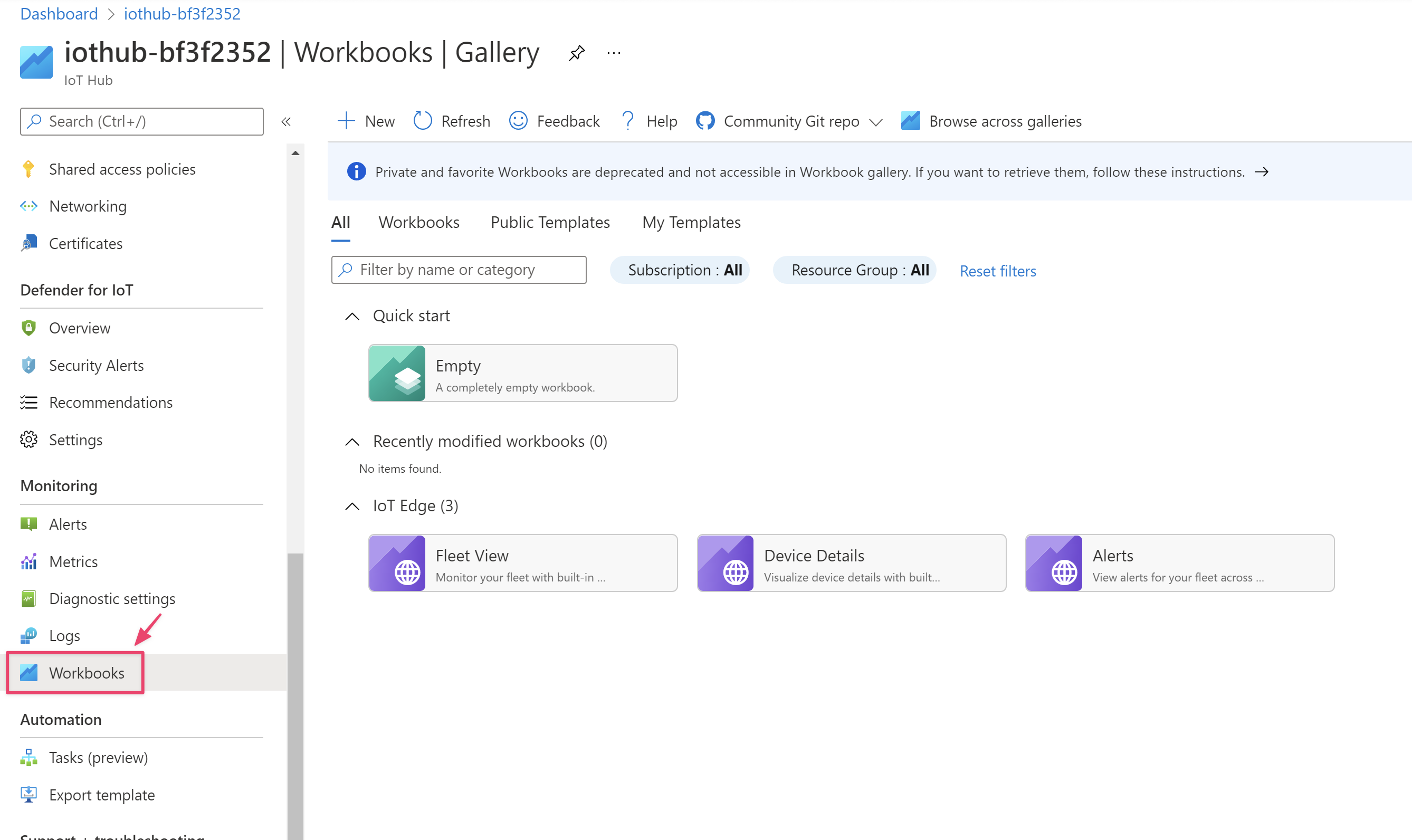 选择工作簿以打开 Azure Monitor 工作簿库.