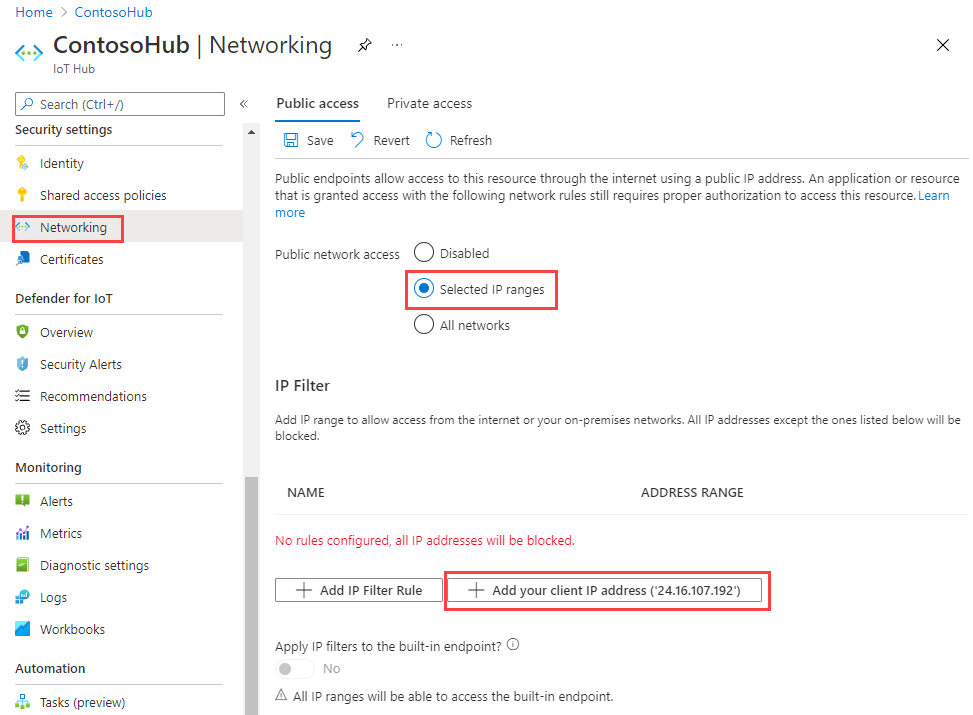 Azure 门户的截图显示何处启用公共网络访问。