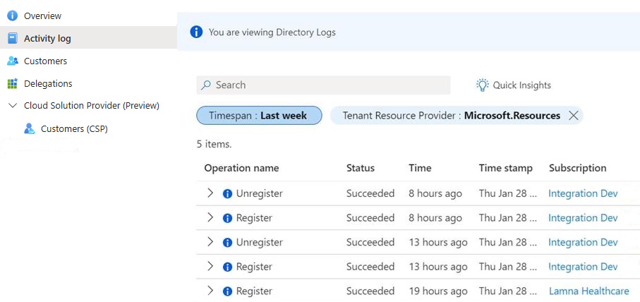 Azure 门户中的委托更改的屏幕截图。