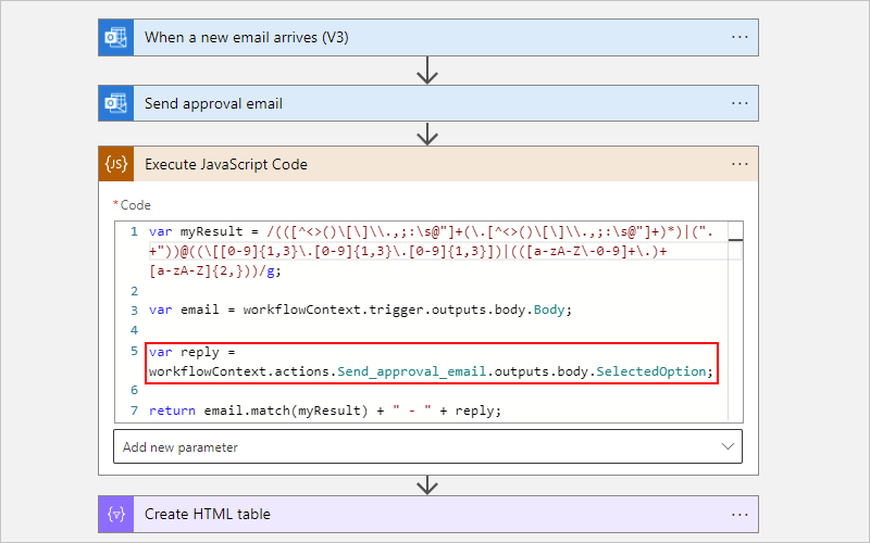 展示耗用工作流和执行 JavaScript 代码操作的屏幕截图，其中包含更新的示例代码片段。