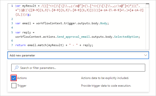 显示“执行 JavaScript 代码”操作的屏幕截图，并选择了参数 Actions。