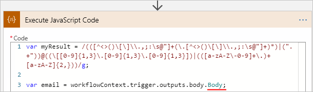 显示“消耗”逻辑应用工作流、“执行 JavaScript 代码”操作，以及重命名的 Body 属性，其中包含结束分号的屏幕截图。