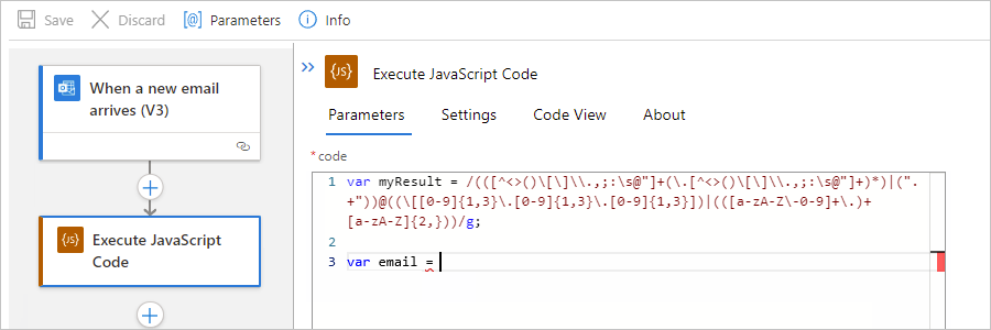 显示标准工作流、执行 JavaScript 代码作和创建变量的示例代码的屏幕截图。