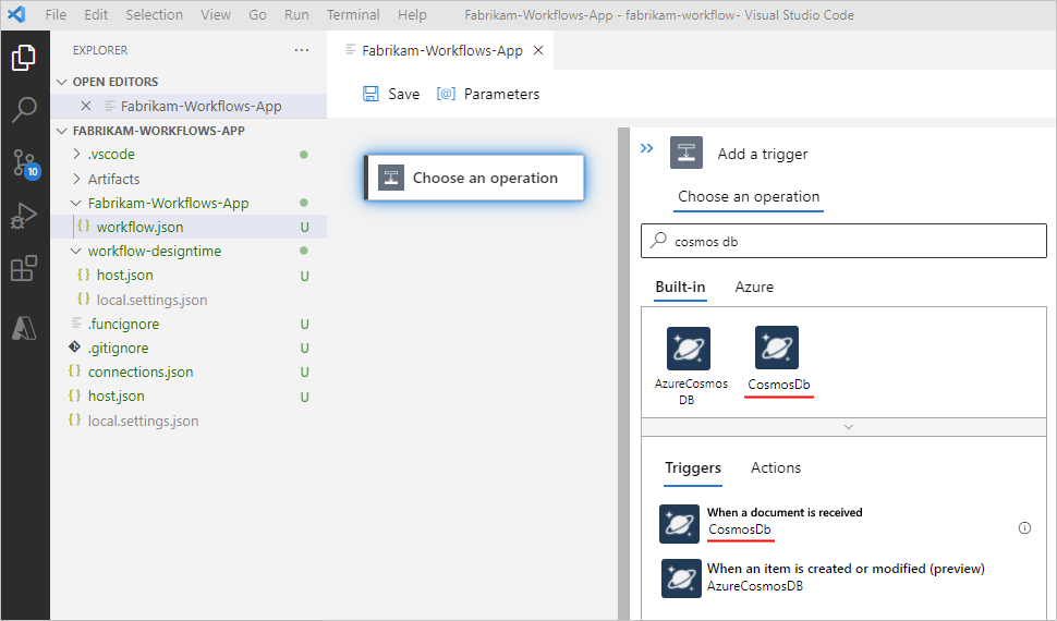 显示 Visual Studio Code 和采用新的自定义内置式 Azure Cosmos DB 连接器的标准逻辑应用工作流设计器的屏幕截图。