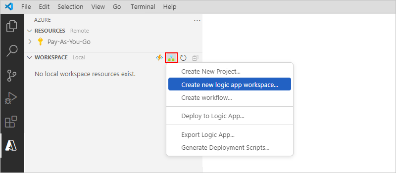 截图显示了带有 Azure 窗口的 Visual Studio Code，其中包括“工作区”部分工具栏和所选的选项：创建新逻辑应用工作区。