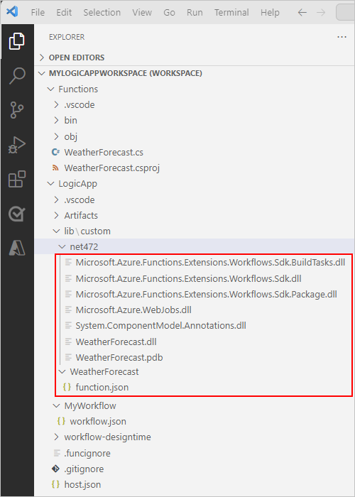 Screenshot 显示具有.NET函数和逻辑应用项目的逻辑应用工作区。新生成的程序集和其他必需文件可见.