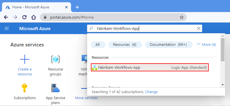 屏幕截图显示了输入了逻辑应用名称的 Azure 搜索框。