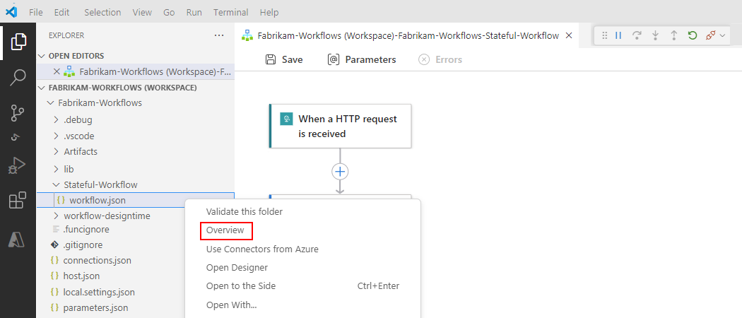 屏幕截图显示了“资源管理器”窗格和 workflow.json 文件的快捷菜单，其中已选择“概述”选项。