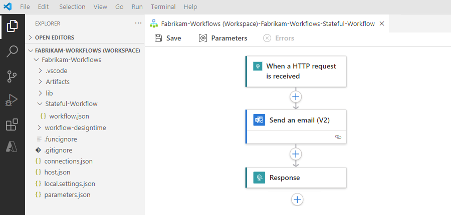显示 Visual Studio Code、逻辑应用工作区、项目和工作流的屏幕截图。