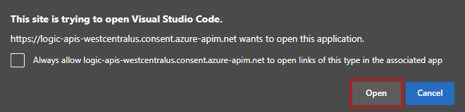 屏幕截图显示打开 Visual Studio Code 链接的提示。