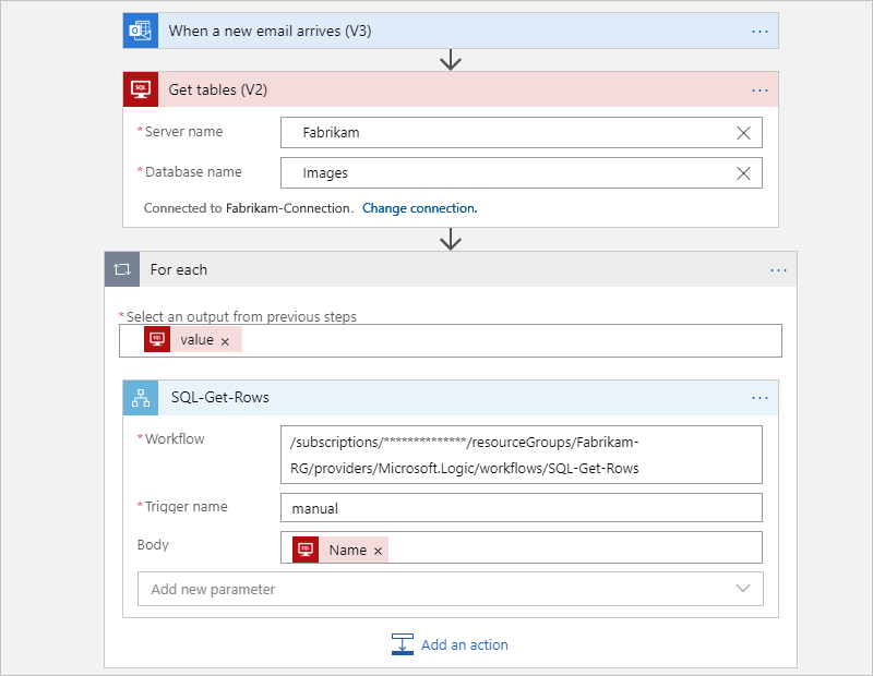 屏幕截图显示消费父工作流获取 SQL Server 表并调用子工作流。