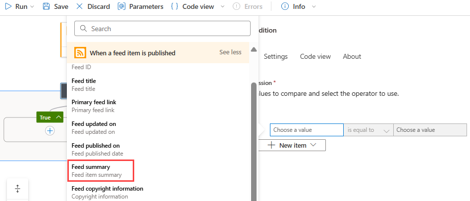 屏幕截图展示了 Azure 门户、消费工作流设计器、RSS 触发器，以及具有条件构造的条件动作。