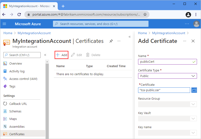 Screenshot 显示 Azure 门户、集成帐户、“证书”页工具栏，其中“添加”已被选中, 以及包含公共证书详细信息的“添加证书”窗格。