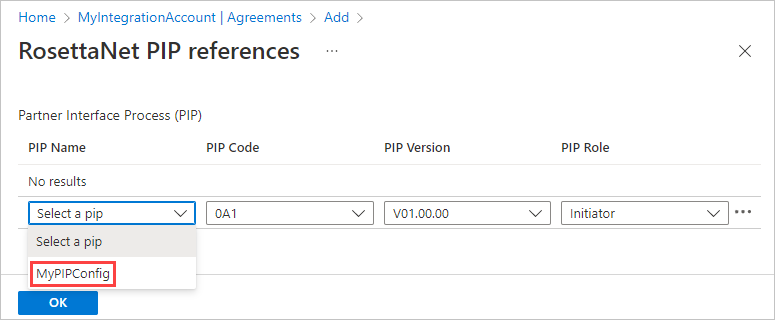 显示包含一行的 PIP 信息的表的屏幕截图，其中包含除名称 MyPIPConfig 以外的默认值（已选择）。
