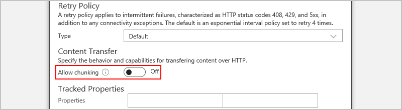 屏幕截图显示了 HTTP操作的设置，其中已选中“允许分块”。启用分块功能。