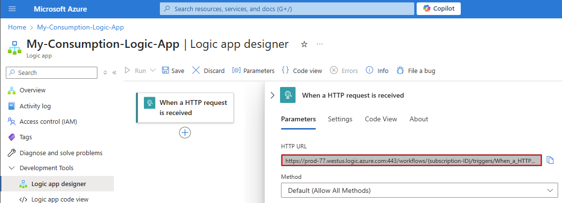 屏幕截图显示了 Azure 门户、消耗工作流设计器和请求触发器终结点 URL。