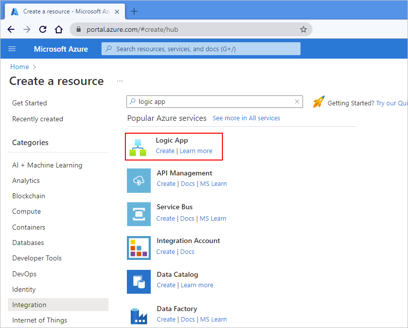 显示 Azure Marketplace 界面的屏幕截图，其中选择了集成和逻辑应用的选项。