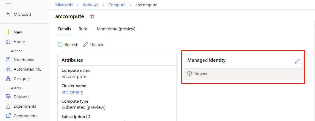 Azure 门户中更新 Kubernetes 计算标识的截图。