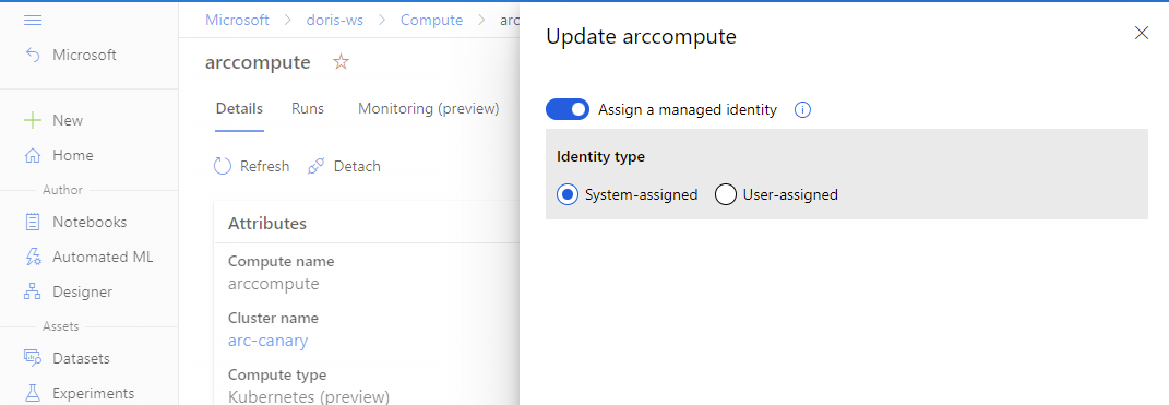 从 Azure portal 选择 Kubernetes 计算的标识截图。