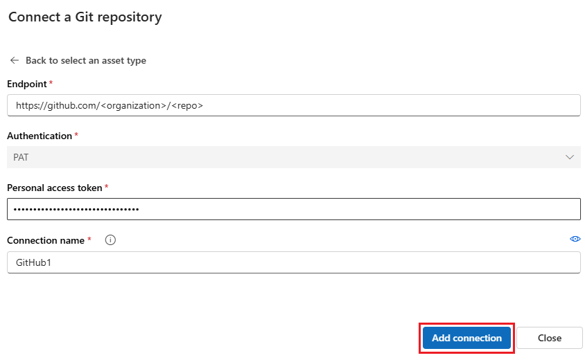 Azure 机器学习工作室 UI 中 Git 连接屏幕的屏幕截图。