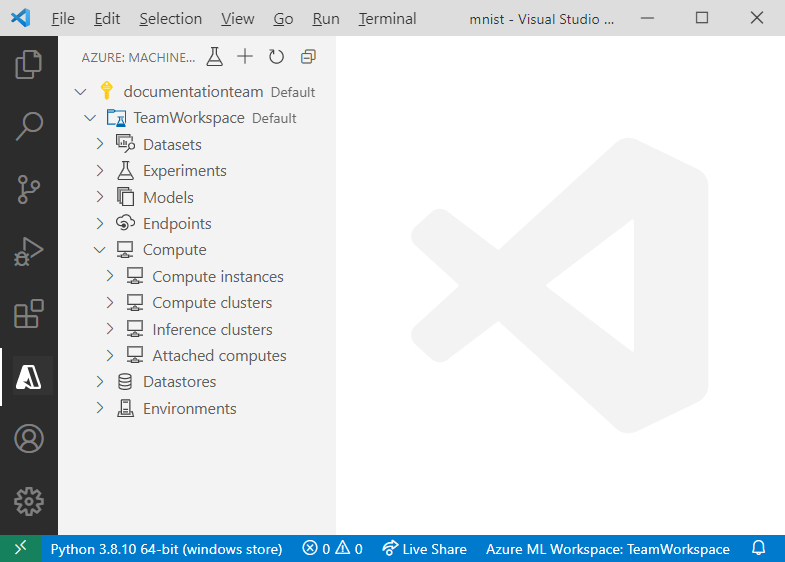 截图显示的是 Azure Machine Learning Visual Studio Code Extension。