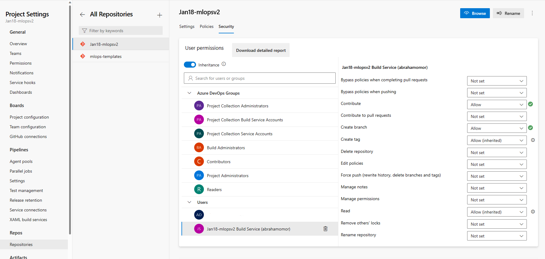 Azure DevOps 权限的截图。