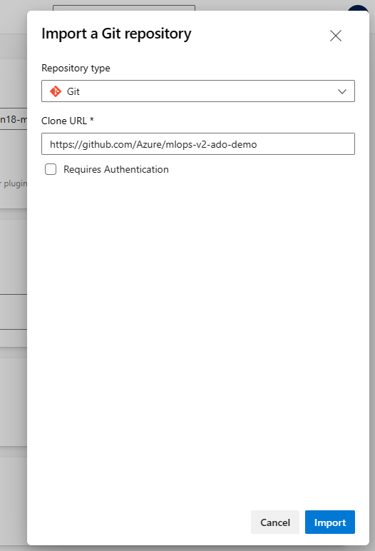 Azure DevOps 导入 MLOps 演示存储库的截图。